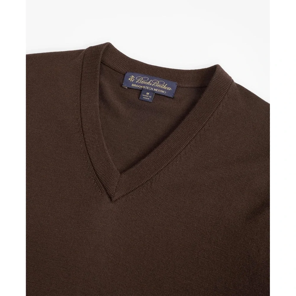 Brooks Brothers Mens Tech‎ Merino Wool V-Neck Sweater Brown Large RN93986